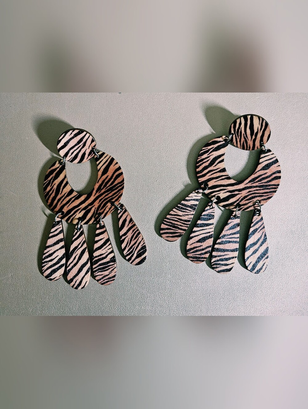 Wooden Zebra Print Drop Earrings - Pink and Black Animal Print
